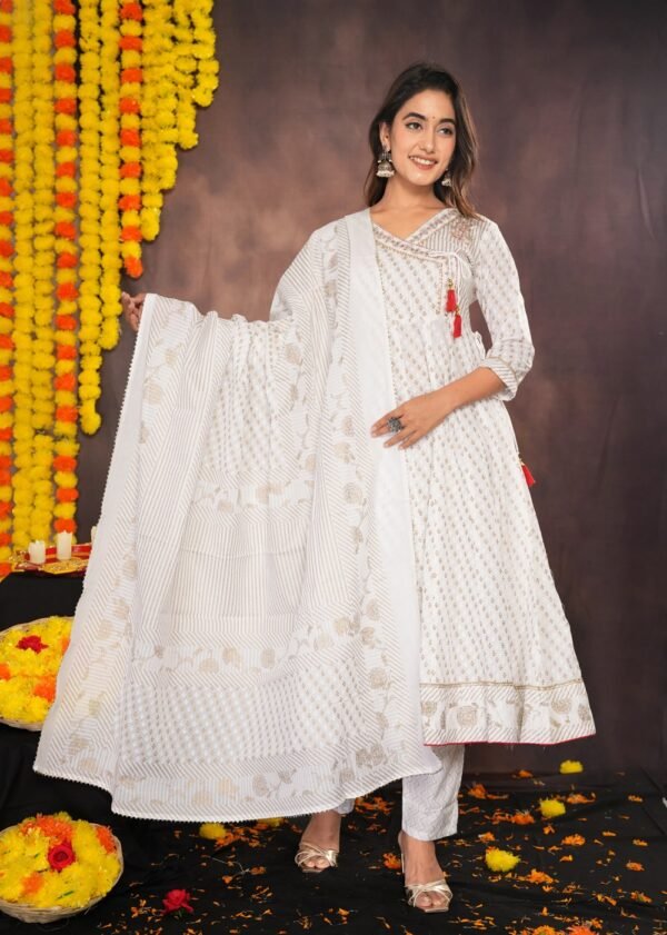 White Small Floral Buti Block Printed Cotton Suit Set  