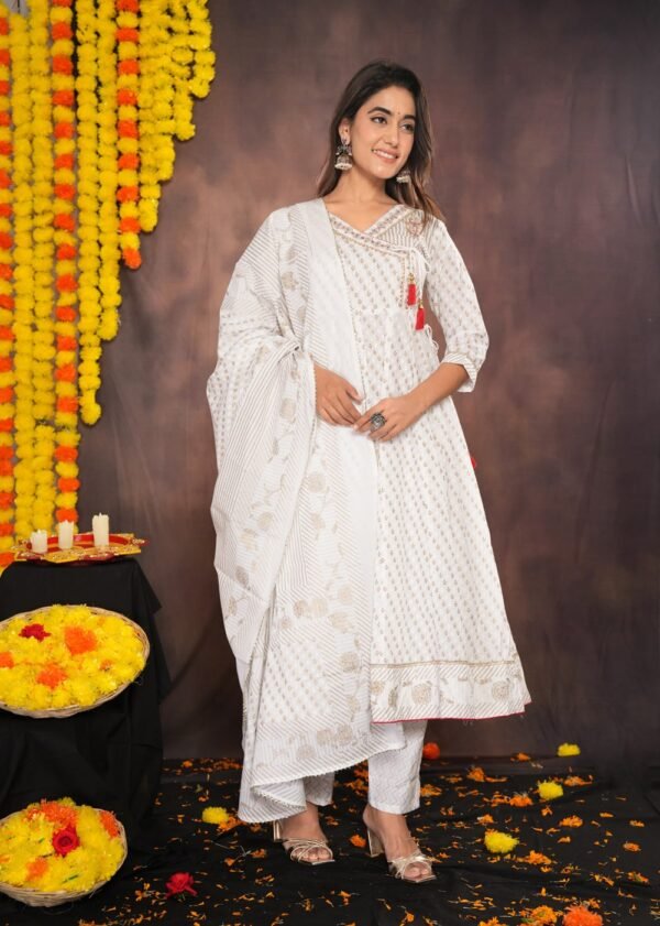 White Small Floral Buti Block Printed Cotton Suit Set  