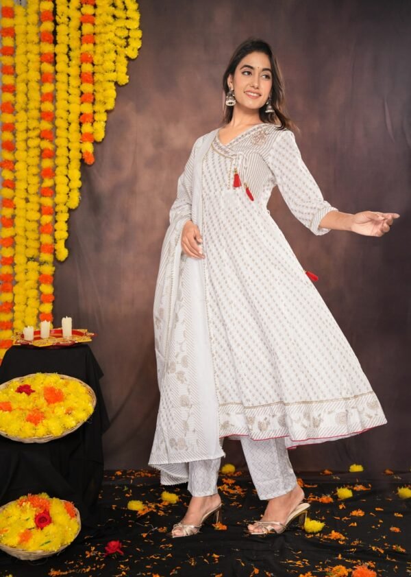 White Small Floral Buti Block Printed Cotton Suit Set  