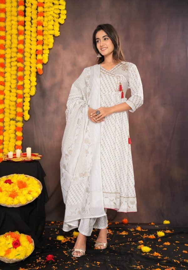 White Small Floral Buti Block Printed Cotton Suit Set  