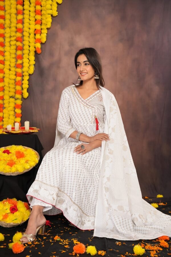 White Small Floral Buti Block Printed Cotton Suit Set  