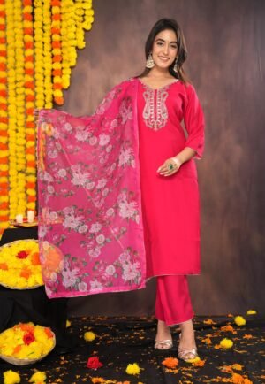 Pinkish Red Muslin Suit Set  