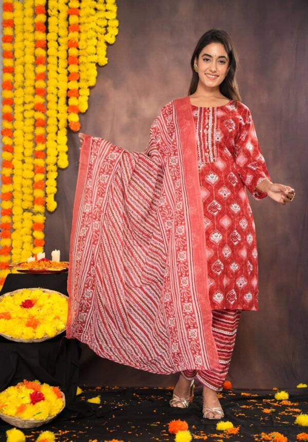 Valentine Red Bandhani Print Suit Sets  