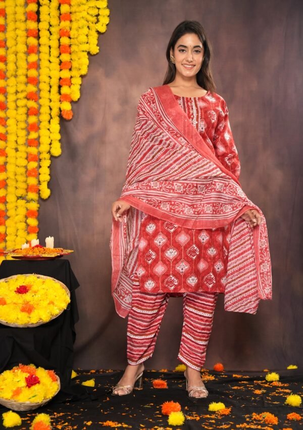 Valentine Red Bandhani Print Suit Sets  