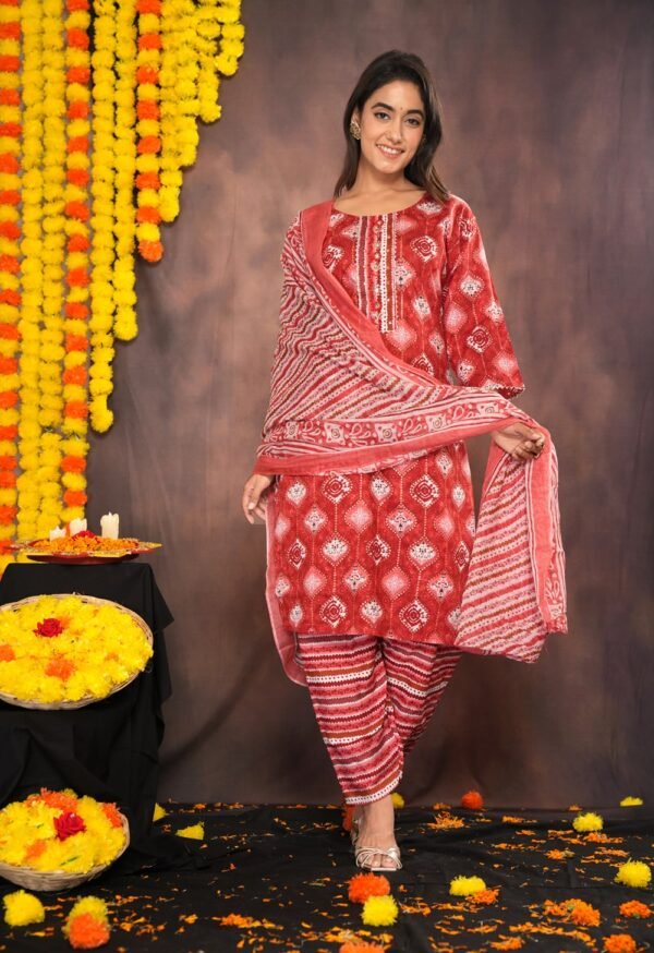 Valentine Red Bandhani Print Suit Sets  