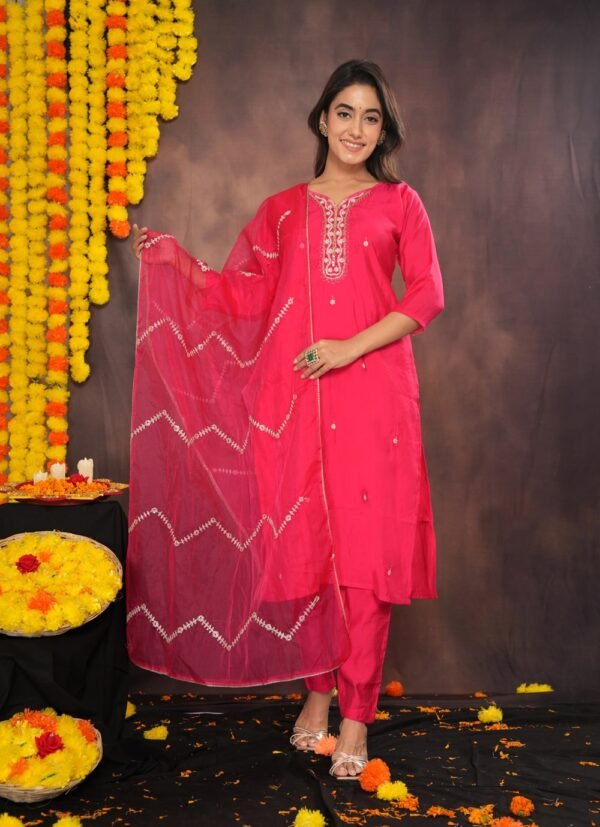 Pinkish Red Muslin Suit Set  