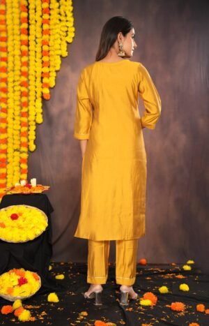 Mustard Yellow Muslin Suit With Zardozi Work