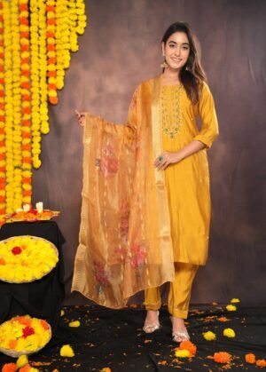 Mustard Yellow Muslin Suit With Zardozi Work