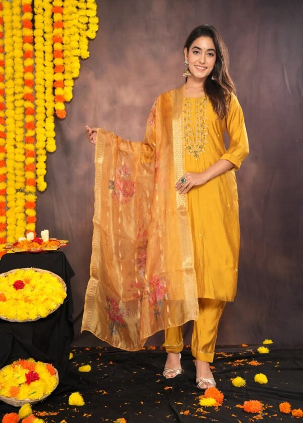 Mustard Yellow Muslin Suit With Zardozi Work  