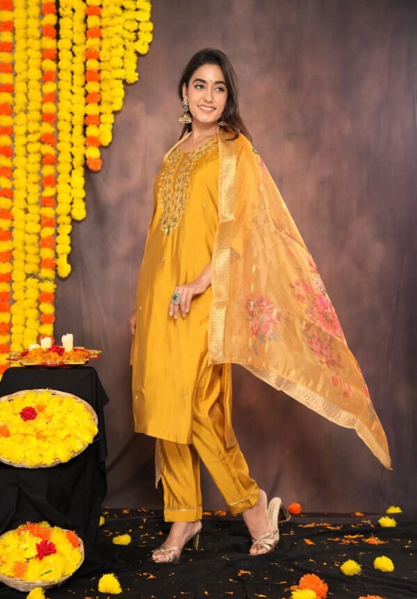 Mustard Yellow Muslin Suit With Zardozi Work  