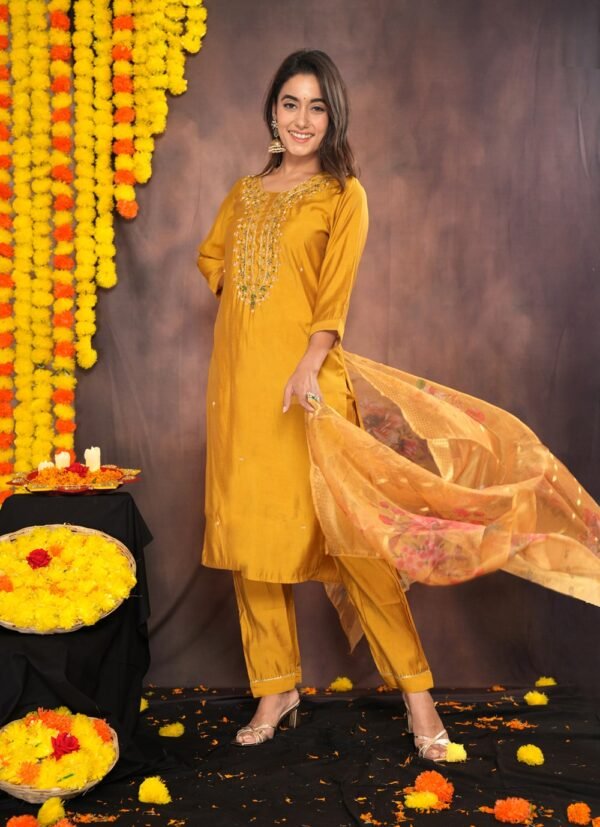 Mustard Yellow Muslin Suit With Zardozi Work  