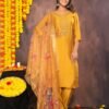 Mustard Yellow Muslin Suit With Zardozi Work  