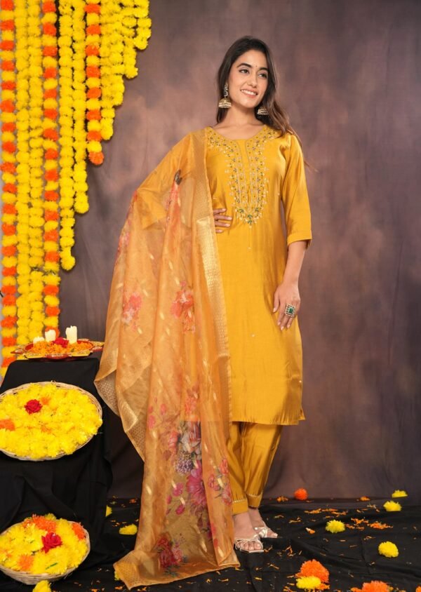 Mustard Yellow Muslin Suit With Zardozi Work  