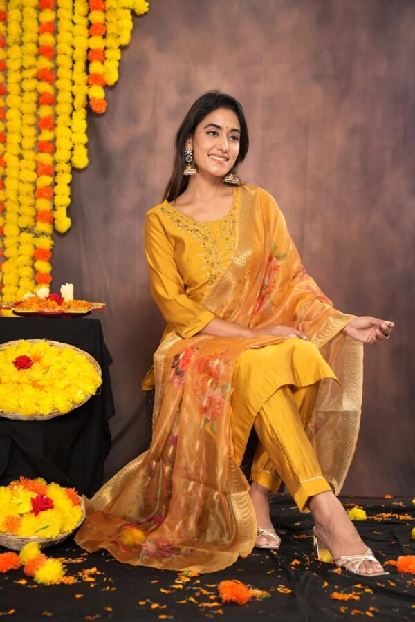 Mustard Yellow Muslin Suit With Zardozi Work  