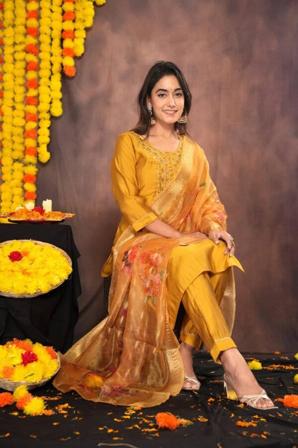 Mustard Yellow Muslin Suit With Zardozi Work  