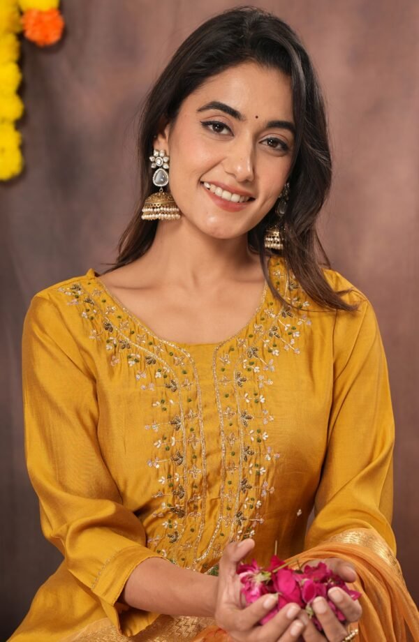 Mustard Yellow Muslin Suit With Zardozi Work  