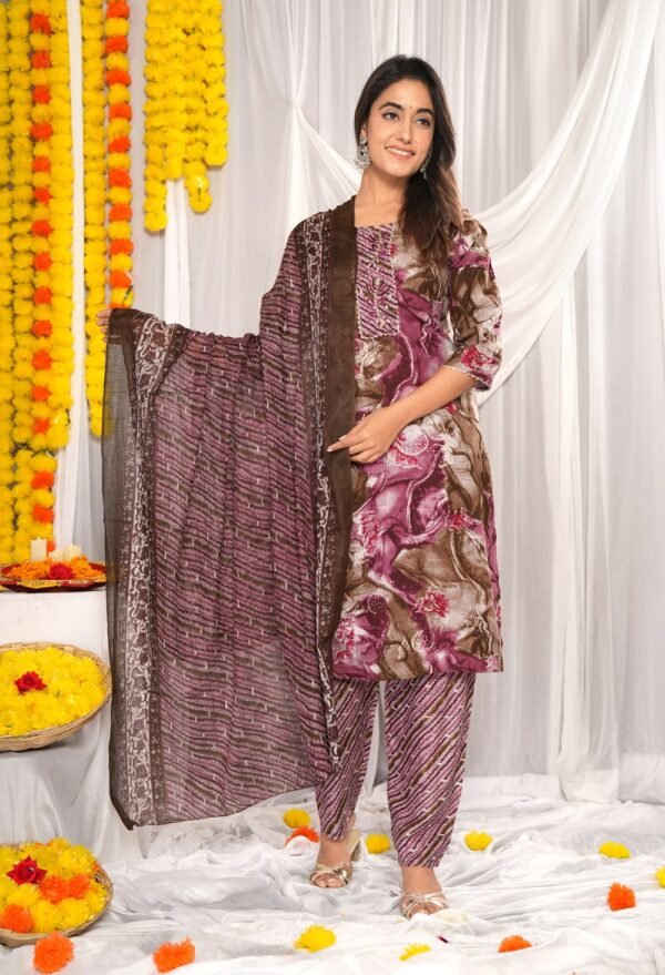 Dusky Rose & Pastel Brown Abstract Floral Print Suit Set  