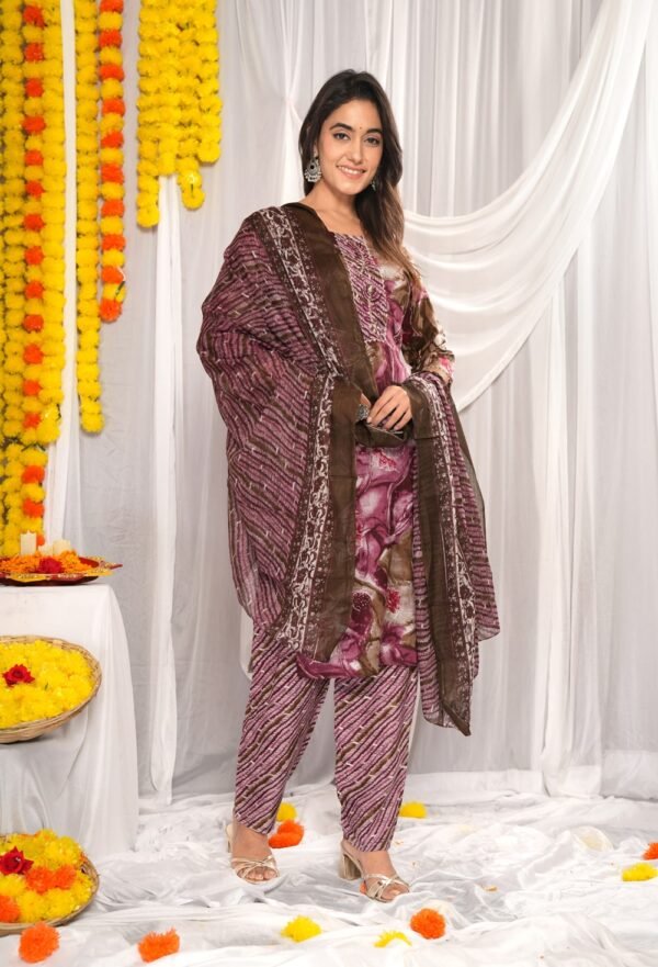 Dusky Rose & Pastel Brown Abstract Floral Print Suit Set  