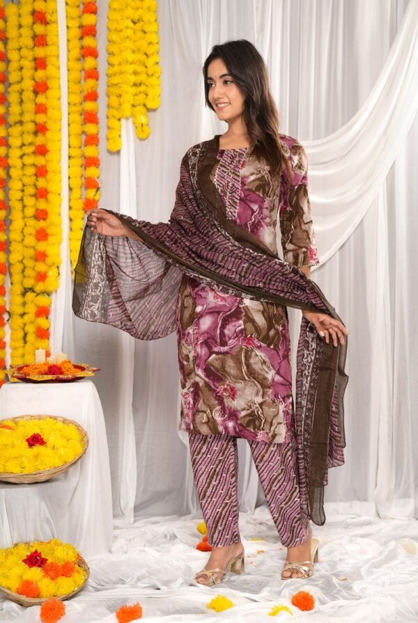 Dusky Rose & Pastel Brown Abstract Floral Print Suit Set  