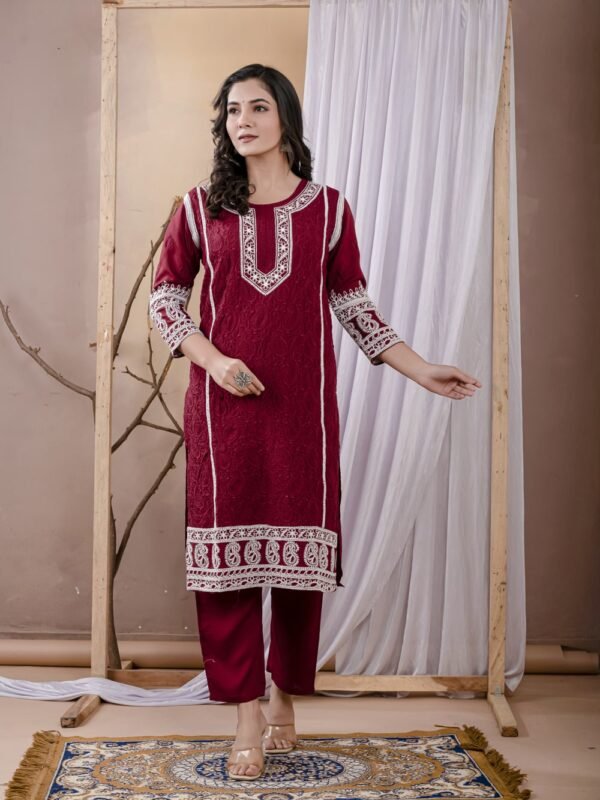 Maroon Rayon Chikankari Kurta Set  