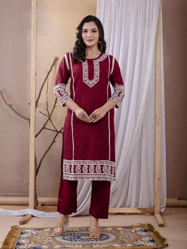 Maroon Rayon Chikankari Kurta Set  