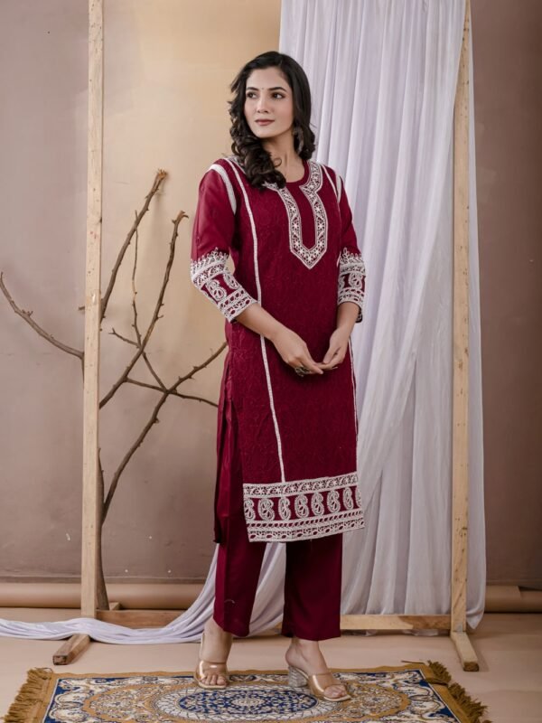 Maroon Rayon Chikankari Kurta Set  