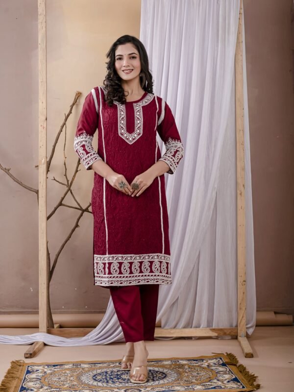 Maroon Rayon Chikankari Kurta Set  