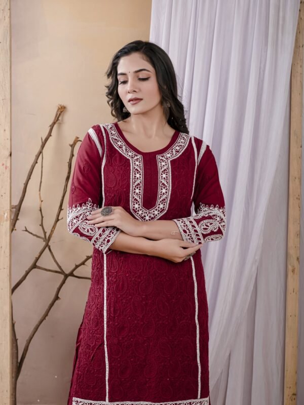 Maroon Rayon Chikankari Kurta Set  