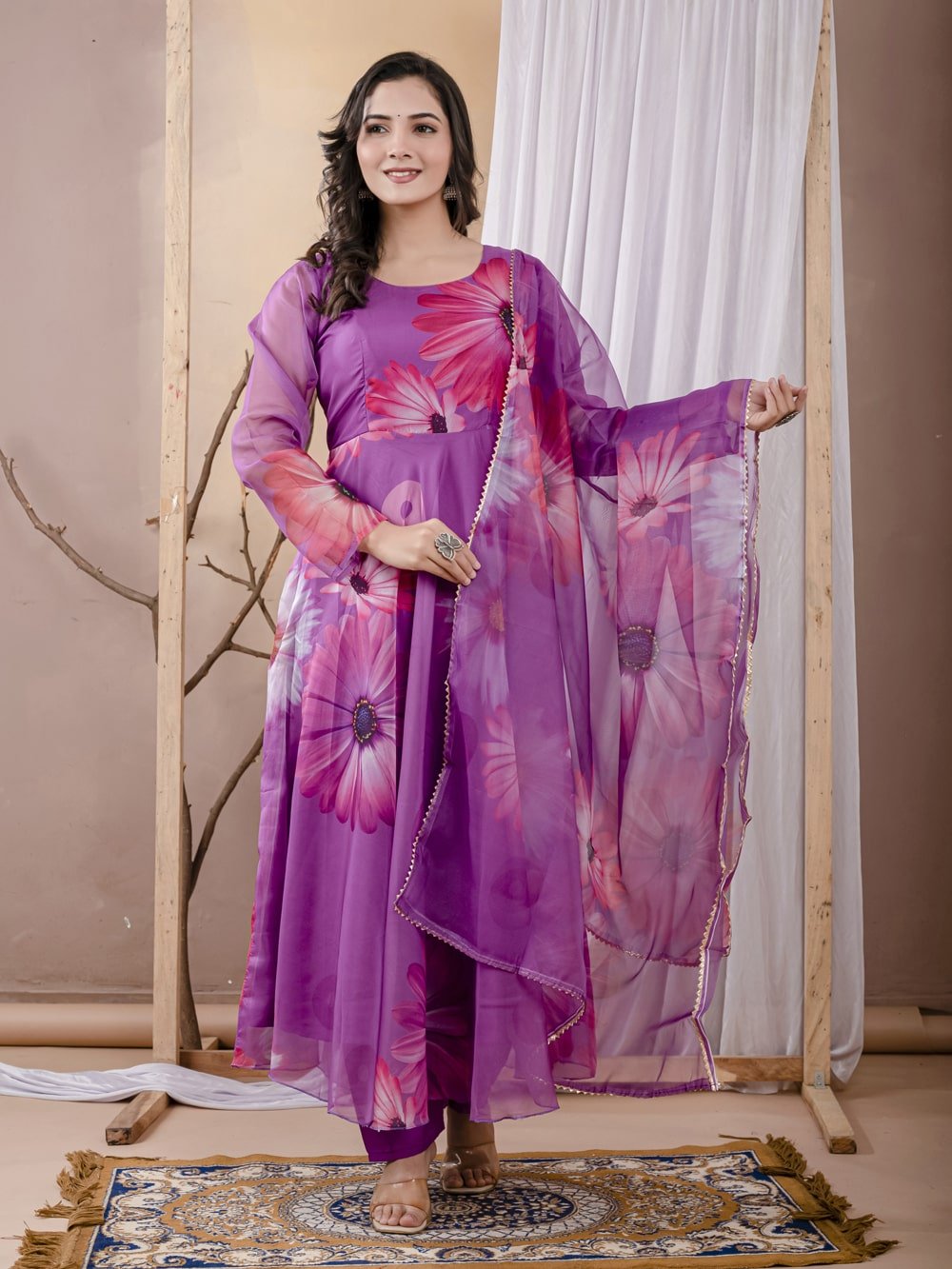 Warm Purple Organza Anarkali Suit