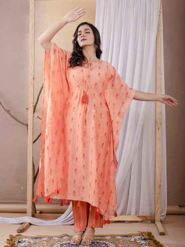 Peach Floral Print Kaftan Set  