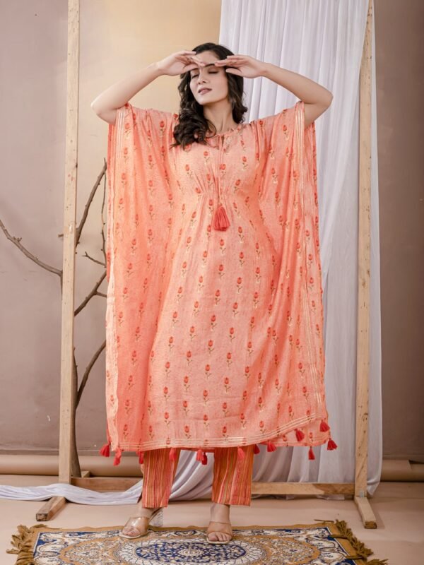 Peach Floral Print Kaftan Set  