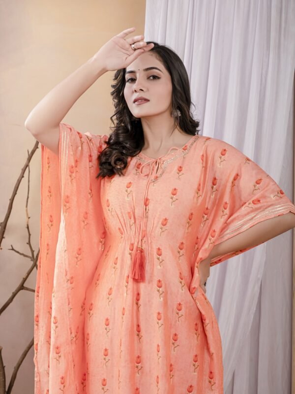 Peach Floral Print Kaftan Set  