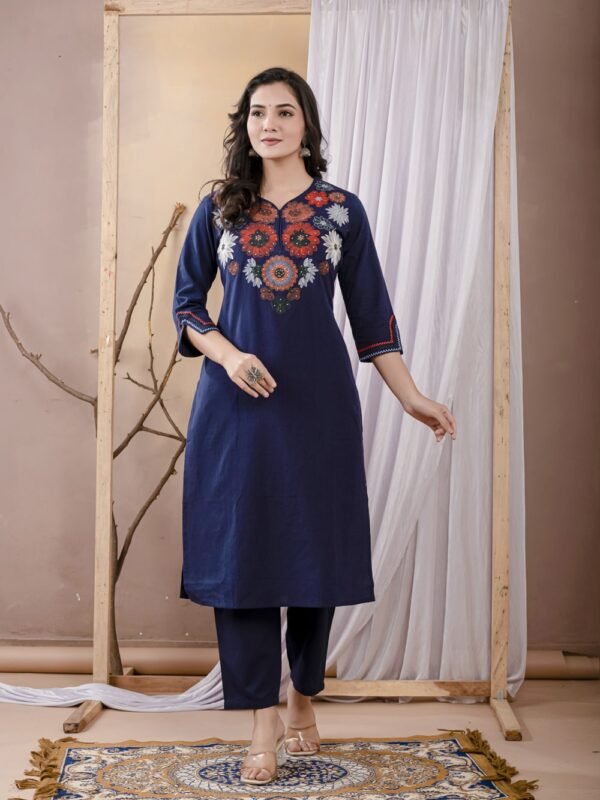 Indigo Blue Floral Embroidery Kurta Set  