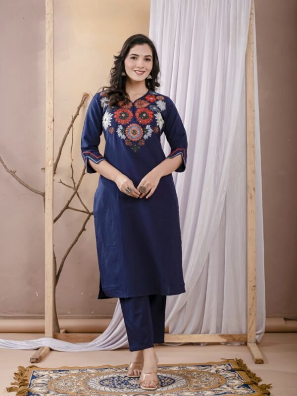 Indigo Blue Floral Embroidery Kurta Set  