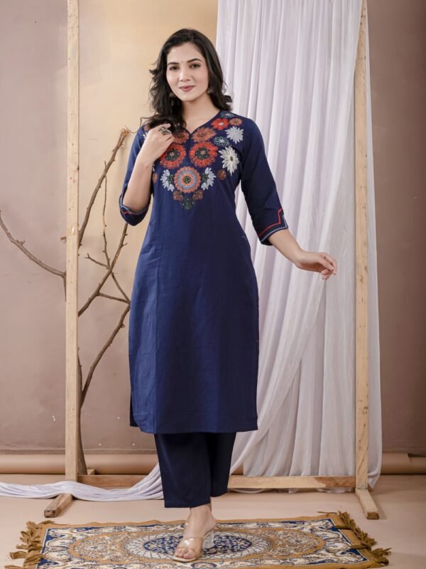 Indigo Blue Floral Embroidery Kurta Set  