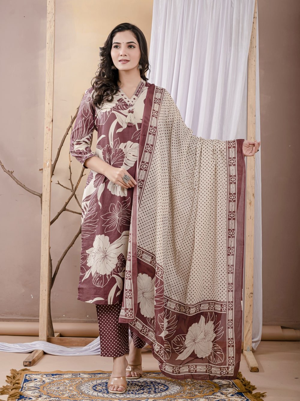 Wine & Cream Floral Print Suit