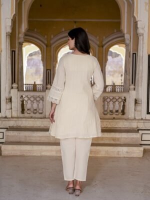 Beige Floral Embroidery Cotton Suit Set