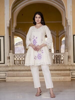 Cream Cotton Chikankari Anarkali Suit with Floral Embroidery Suit