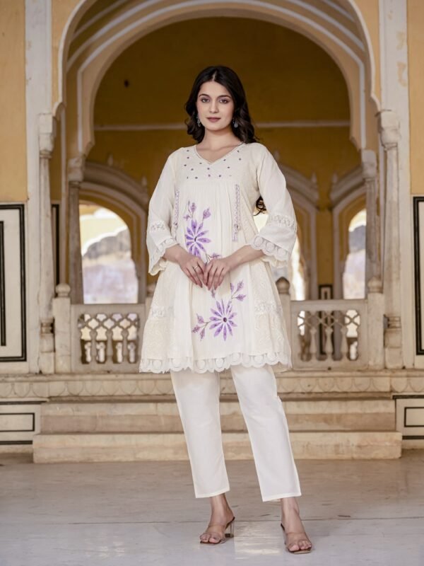 Cream Cotton Chikankari Anarkali Suit with Floral Embroidery Suit  