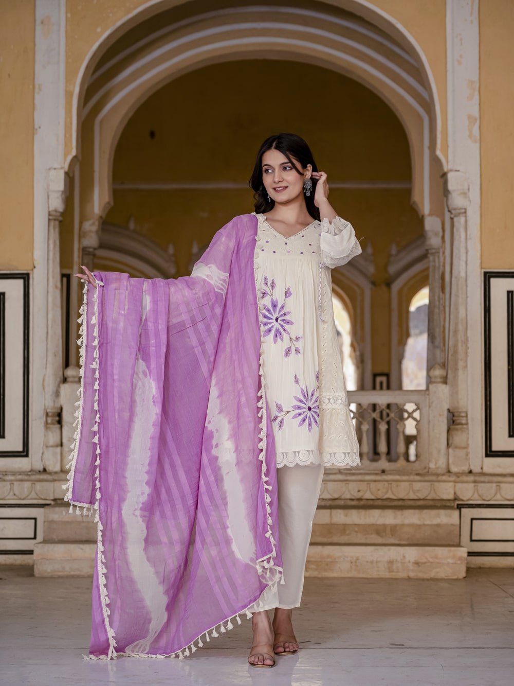 Cream Cotton Chikankari Anarkali Suit with Floral Embroidery Suit