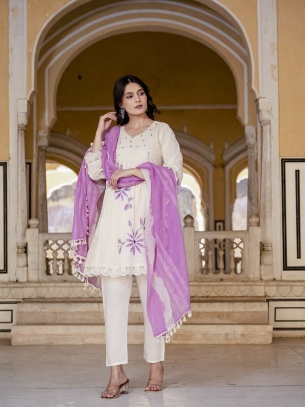 Cream Cotton Chikankari Anarkali Suit with Floral Embroidery Suit  