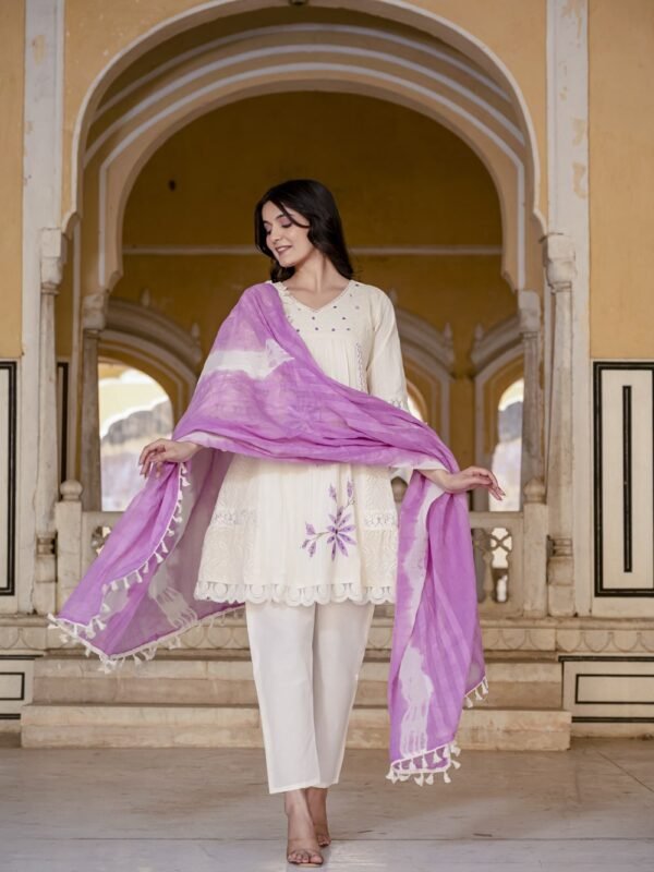 Cream Cotton Chikankari Anarkali Suit with Floral Embroidery Suit  