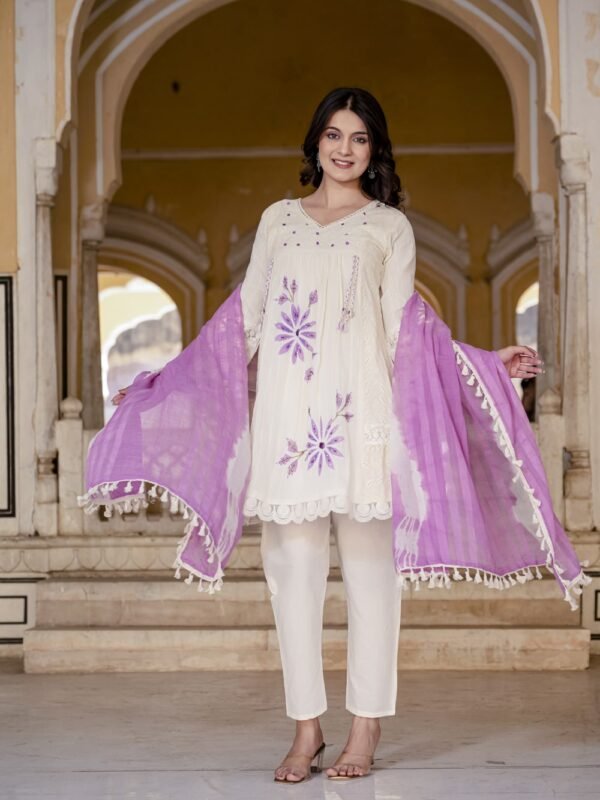 Cream Cotton Chikankari Anarkali Suit with Floral Embroidery Suit  