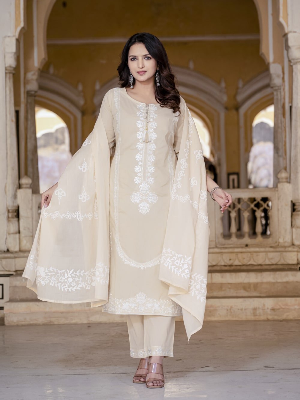 Beige Floral Embroidery Cotton Suit Set