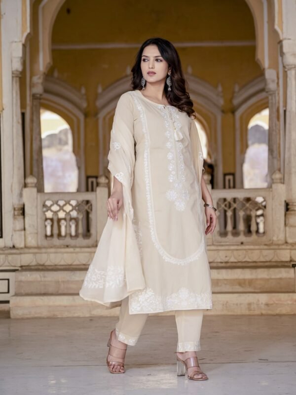 Beige Floral Embroidery Cotton Suit Set  