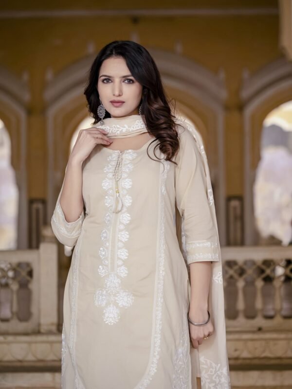 Beige Floral Embroidery Cotton Suit Set  