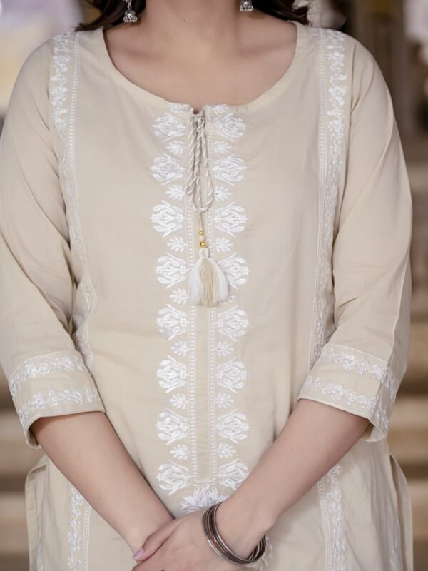 Beige Floral Embroidery Cotton Suit Set  