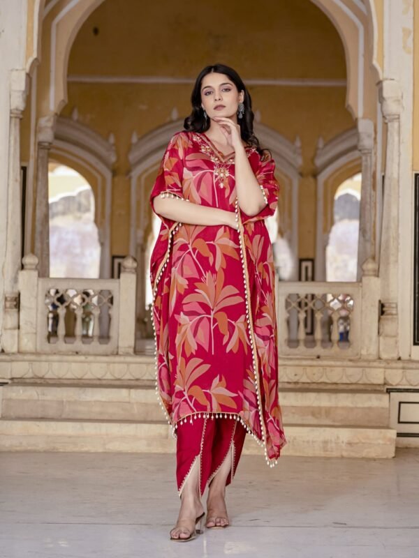 Cherry Floral Print Kaftan Kurta with Dhoti Pants  