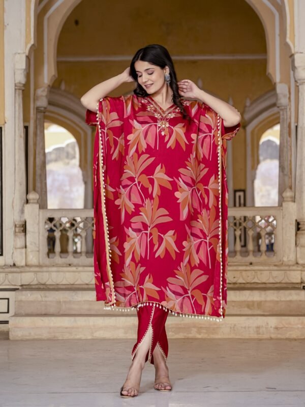 Cherry Floral Print Kaftan Kurta with Dhoti Pants  