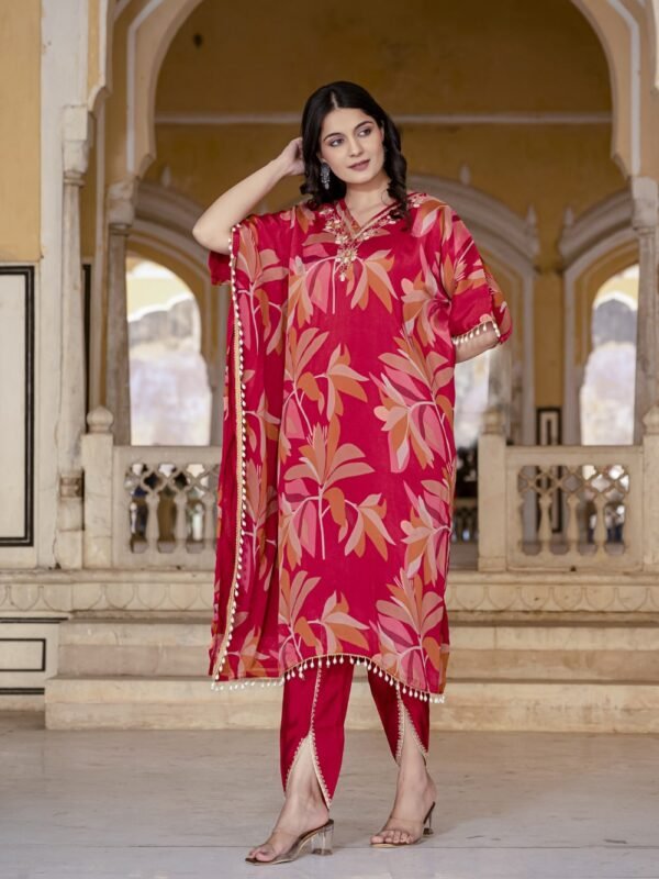 Cherry Floral Print Kaftan Kurta with Dhoti Pants  